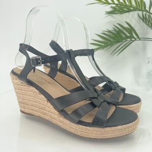 Rock & Candy Fola Espadrille Women's 8.5 Wedge Sandal Jute Faux Black Leather